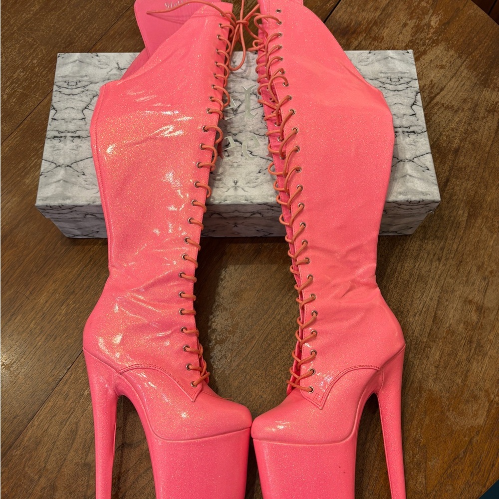 8 in Glitterati Neon Pink over the knee boot!